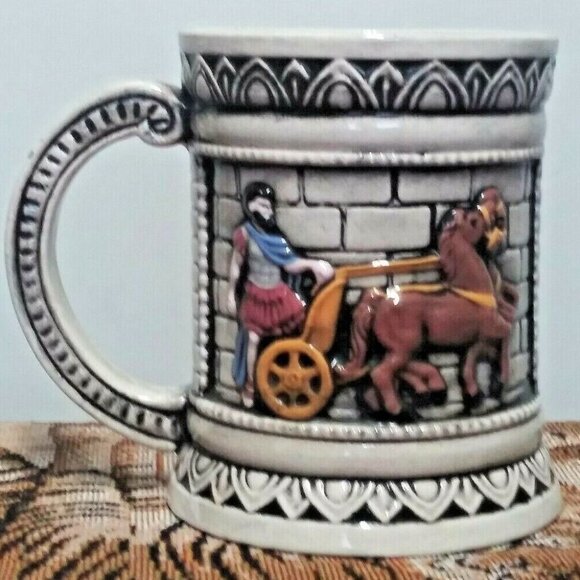 Vintage Coffee Mug Roman Chariot Theme beige brown in excellent condition - Picture 1 of 8